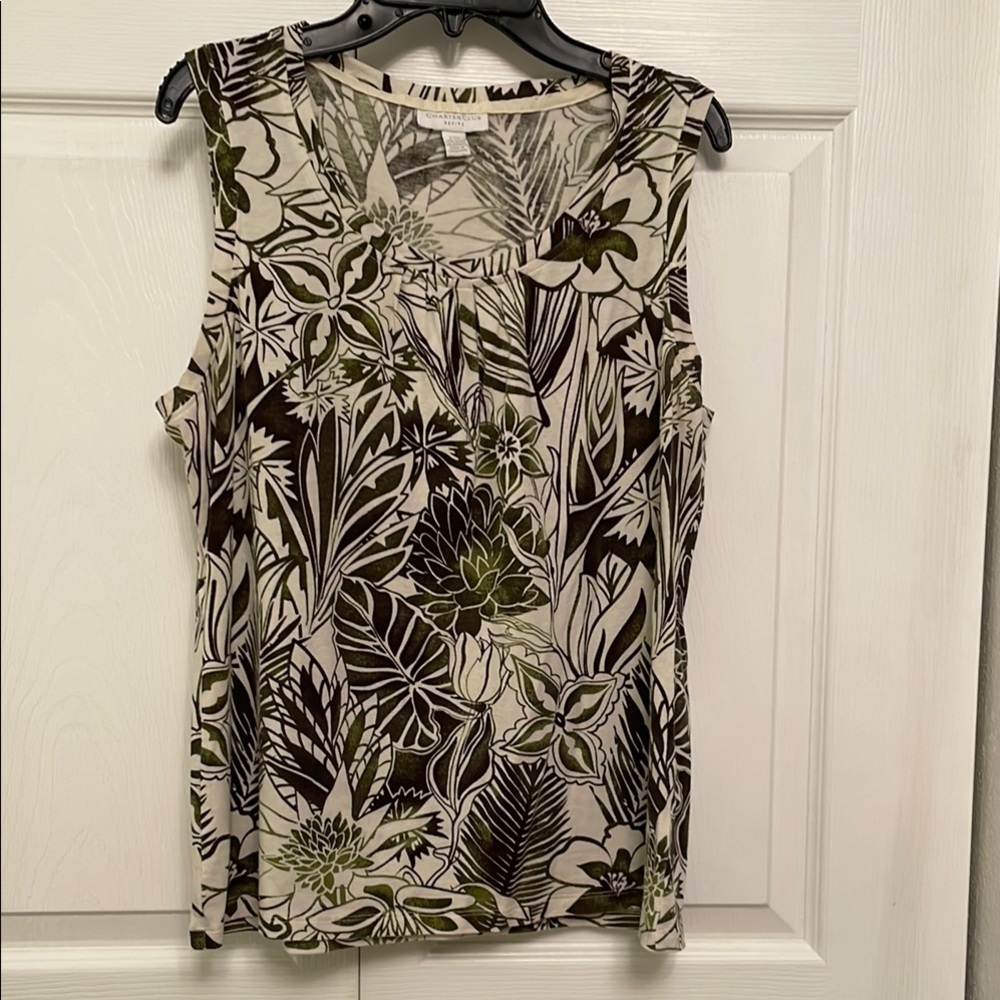 🌷Charter Club Tropical Floral Leaf Pattern Sleeveless Top Medium Like New